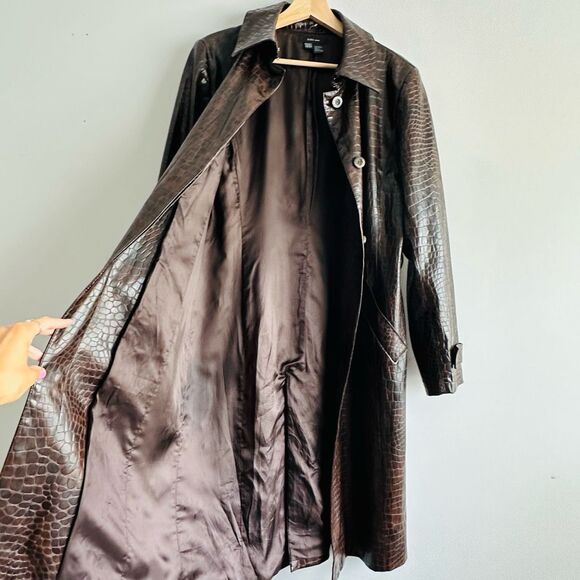 Vintage 90s Y2K ZARA Woman Crocodile Print Trench Coat Brown Alligator Embossed - Picture 6 of 10